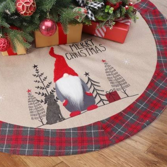 Burlap Mini Christmas Tree Skirt with Red Plaid Trim - Picture 1 of 9